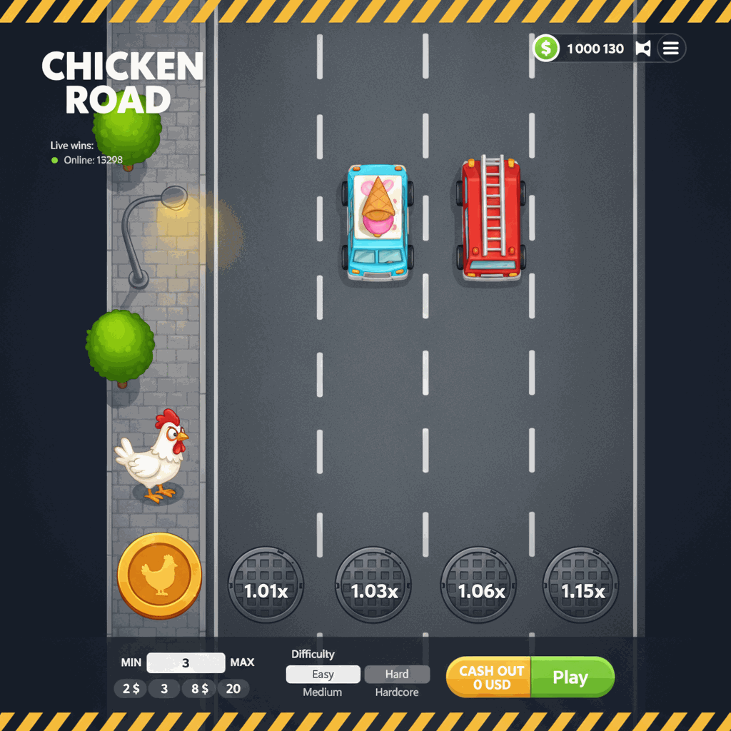 Chicken Road gioco crash di InOut dove una gallina cartoonesca bianca attraversa una strada multicarreggiata vista dall'alto con corsie grigie separate da linee bianche tratteggiate, alberi verdi sul marciapiede a sinistra e moltiplicatori visualizzati su tombini circolari in ogni corsia